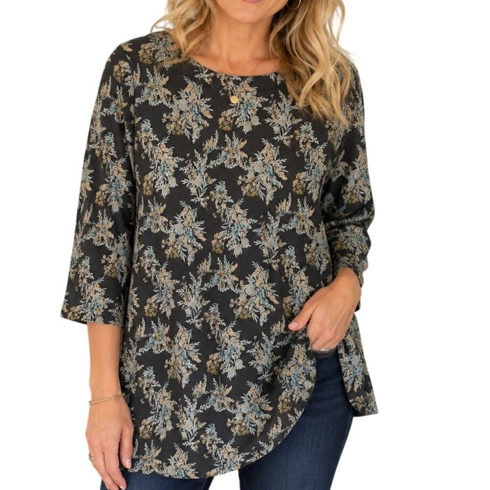 J. Jill Floral Luxe Supima Top Womens Large Sage Green 3/4 Sleeve Knit Tunic